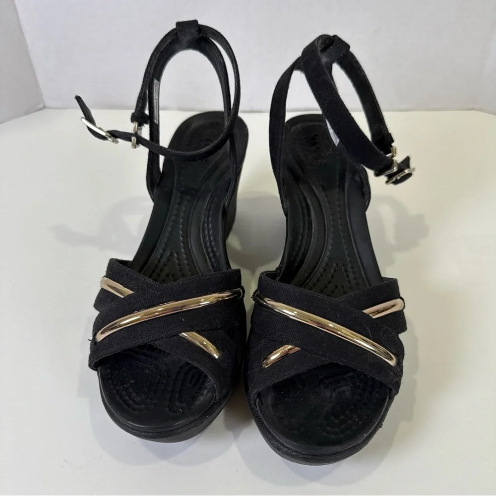 Crocs Women Size 6 Leigh II Metalblock Cross-Strap Ankle Wedge Sandals Black - Picture 2 of 11